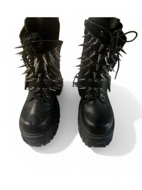 Black Spiked Platform Combat Boots - Women